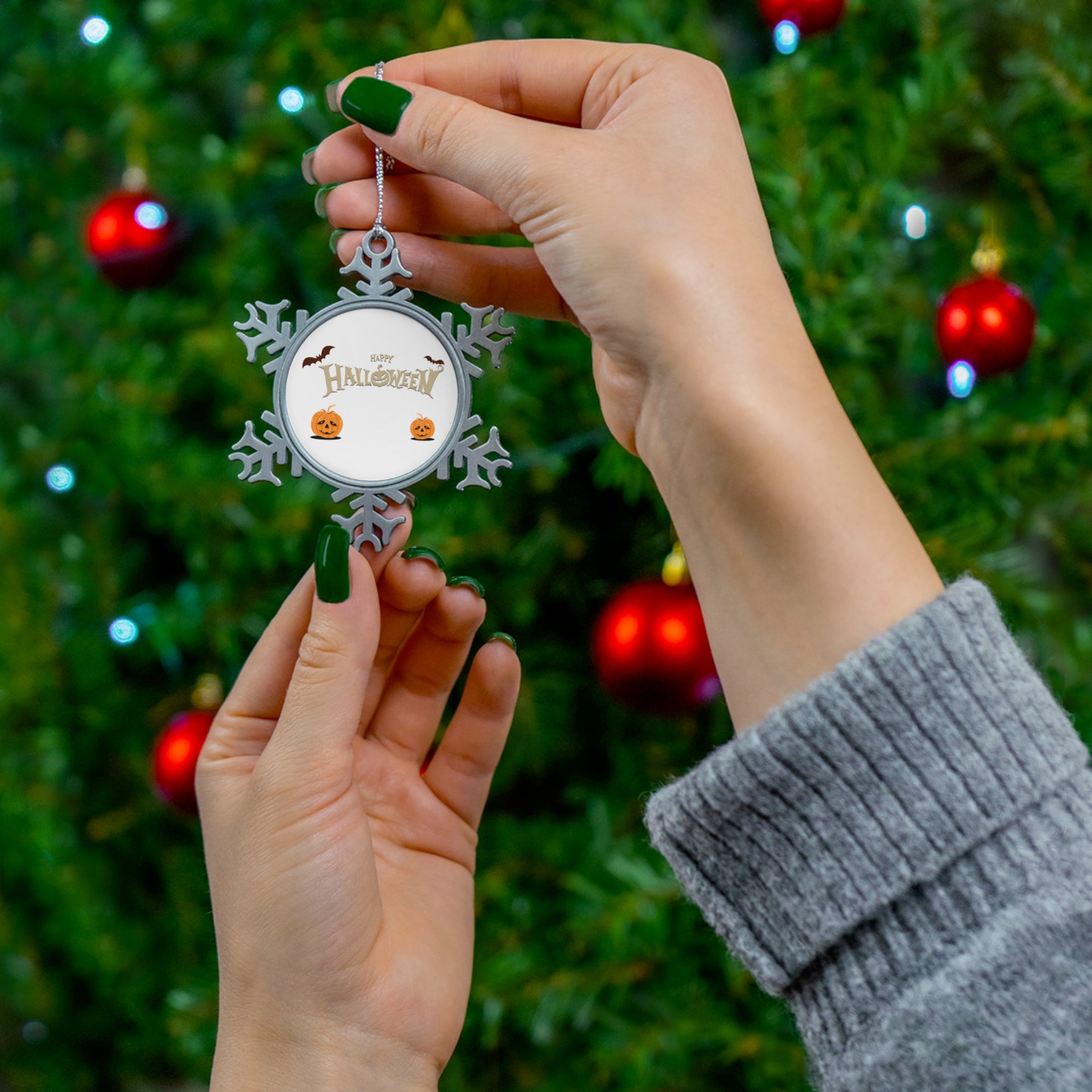Happy Halloween with Pumpkin | Pewter Snowflake Ornament